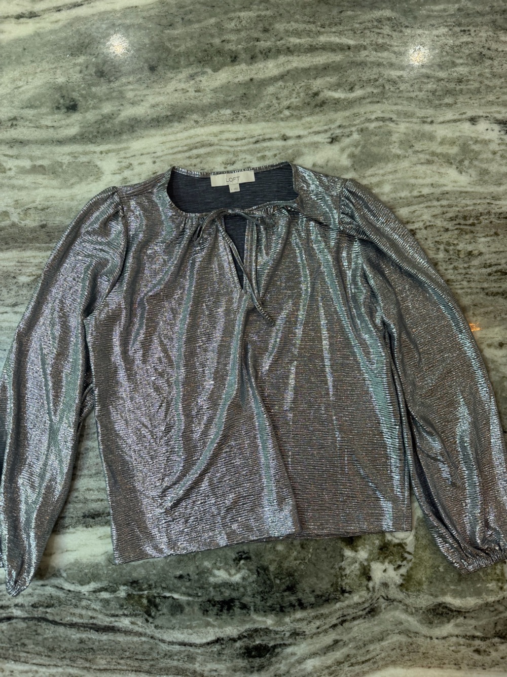 LOFT Shimmery Metallic Silver Tie-Neck Long Sleeve Blouse